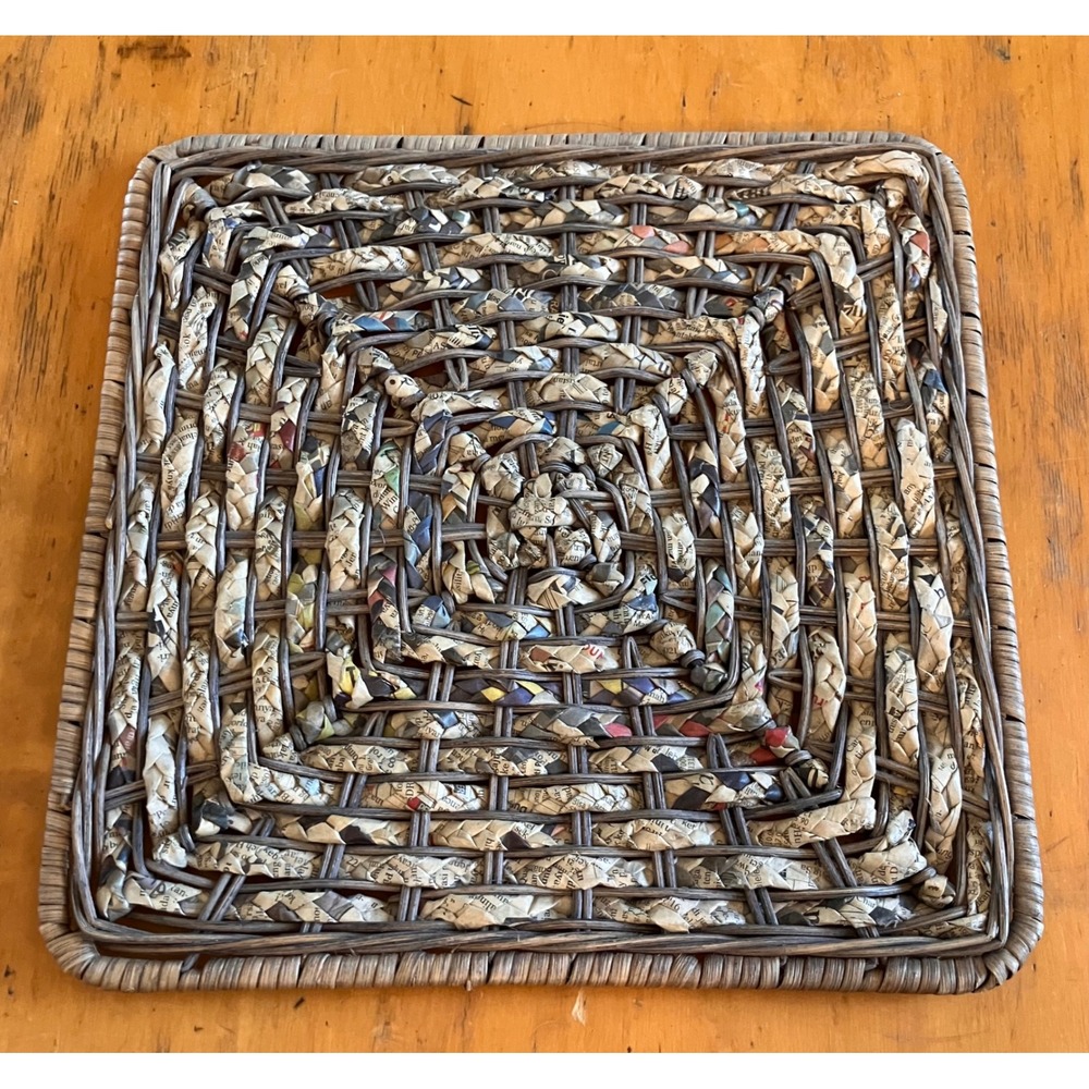 Vintage Woven Newspaper Trivet 11" Multicolor Recycled Paper Square